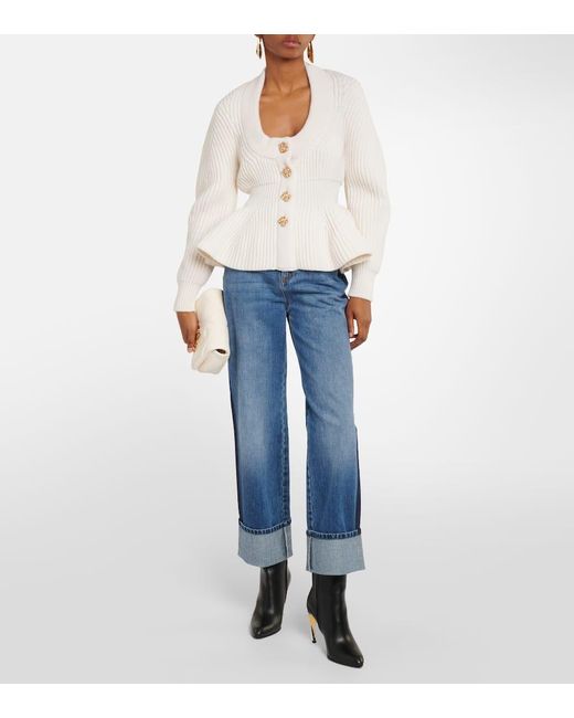 Alexander McQueen White Scoop-neck Cashmere Rib Peplum Cardigan