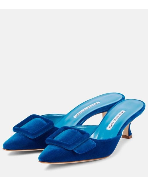 Manolo Blahnik Blue Maysale 50 Velvet Mules