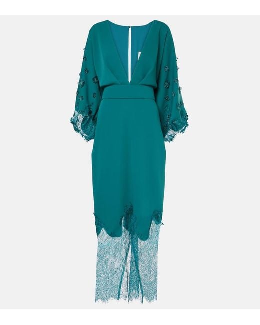 Costarellos Blue Lace-Trimmed Draped Midi Dress