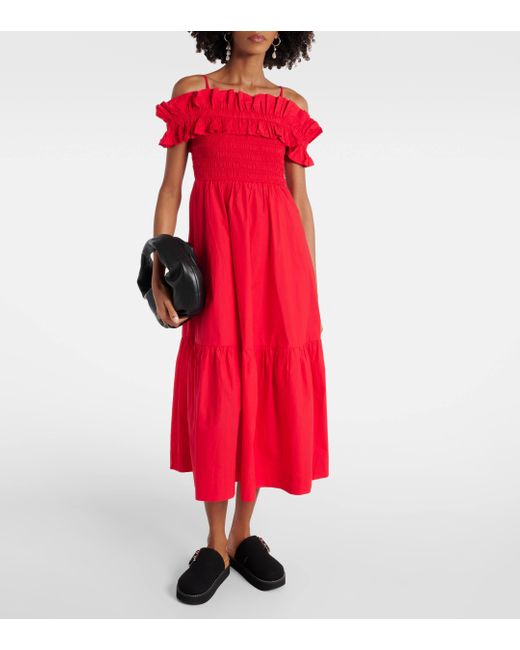 Ganni Red Ruched Cotton Poplin Midi Dress