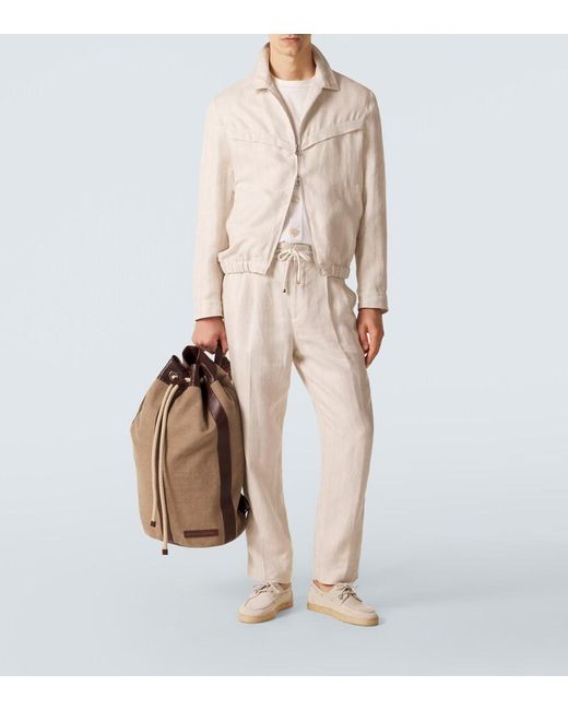 Brunello Cucinelli Brown Leather-Trimmed Canvas Backpack for men