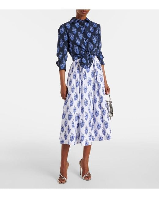 Carolina Herrera Blue Floral Cotton-Blend Midi Skirt