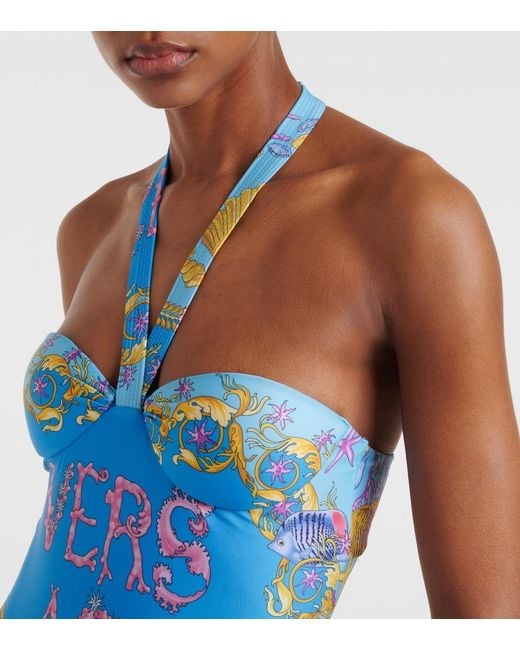 Versace Blue Printed Halterneck Swimsuit
