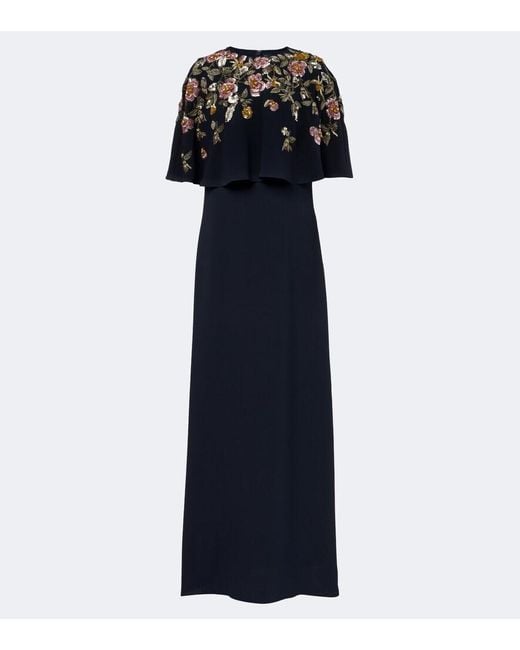 Oscar de la Renta Blue Embellished Silk-Blend Georgette Gown