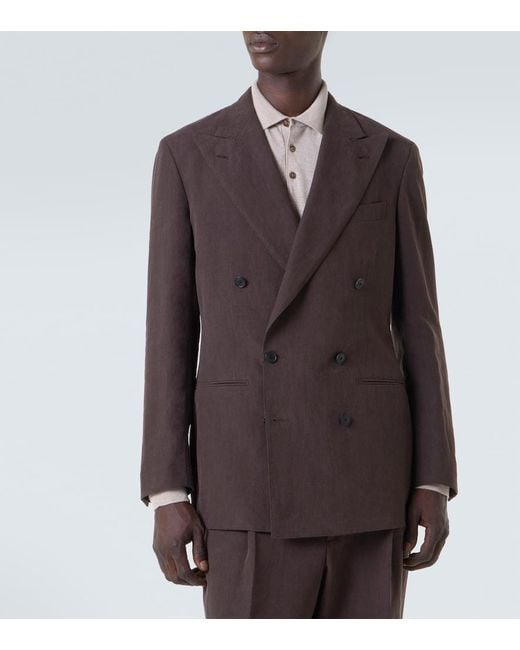 Saman Amel Brown Double-Breasted Linen Canvas Blazer for men