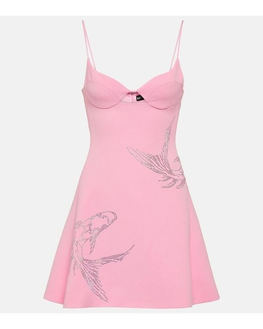 David Koma Pink Rhinestone-embellished Flared-hem Stretch-woven Mini Dress