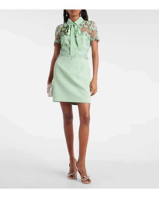 Vestido corto en mezcla de seda floral Elie Saab de color Green