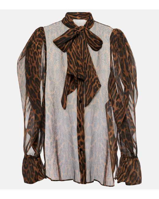 Nina Ricci Brown Tie-Neck Leopard-Print Silk Shirt