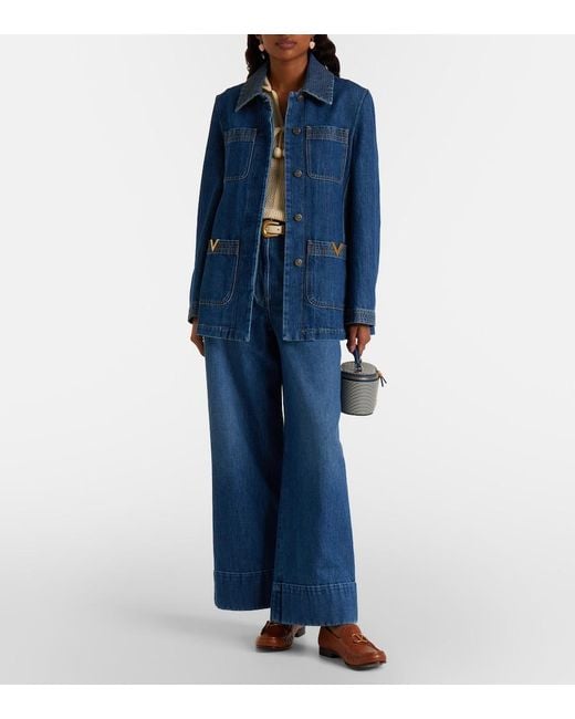 Valentino Blue Leather-Trimmed Wide-Leg Jeans
