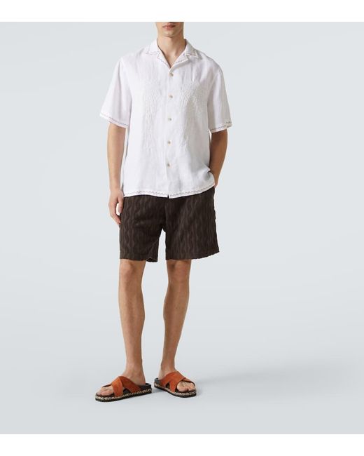 Frescobol Carioca White Flavio Embroidered Linen Bowling Shirt for men