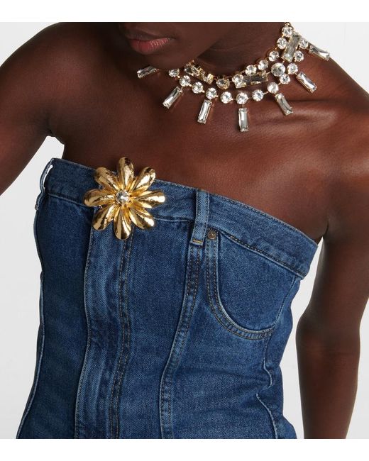 Area Blue Strapless Floral-appliquéd Denim Mini Dress