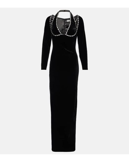 Rasario Black Crystal-Embellished Velvet Gown