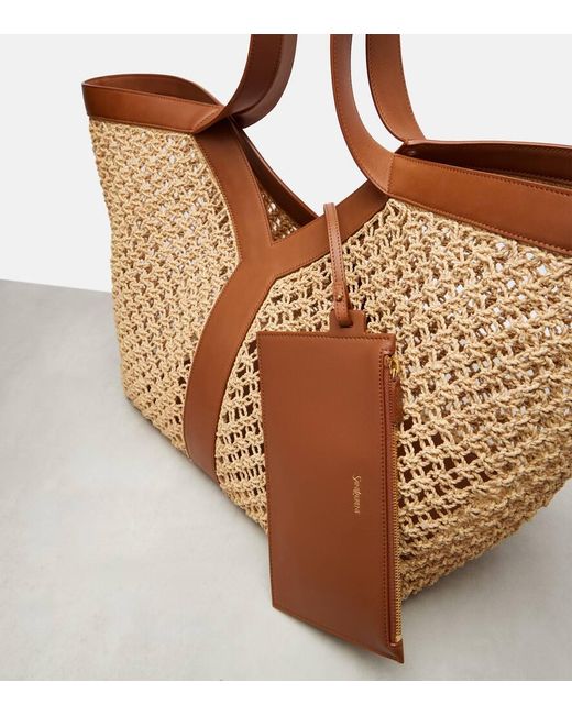 Saint Laurent Brown Y Leather-Trimmed Raffia Shopper
