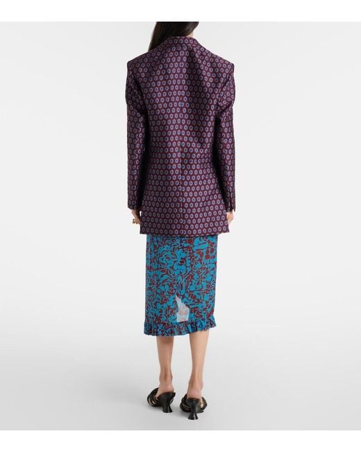 Dries Van Noten Blue Printed Draped Ruffled Midi Skirt
