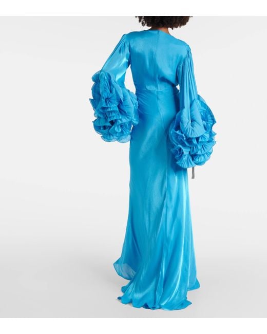 Costarellos Blue Dulcie Ruffled Georgette Lame Gown