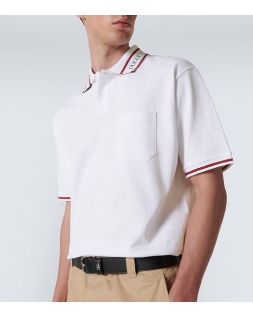 Gucci White Web Cotton Pique Polo Shirt for men