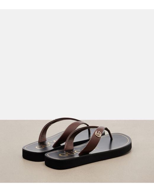 Gucci Brown Double G Leather Thong Sandals