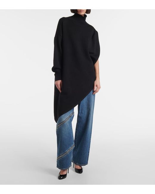 Alaïa Black Turtleneck Asymmetric Cape Hybrid Wool Sweater