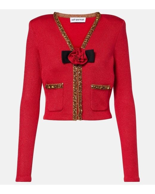 Self-Portrait Red Waffle-Knit Embellished Cardigan