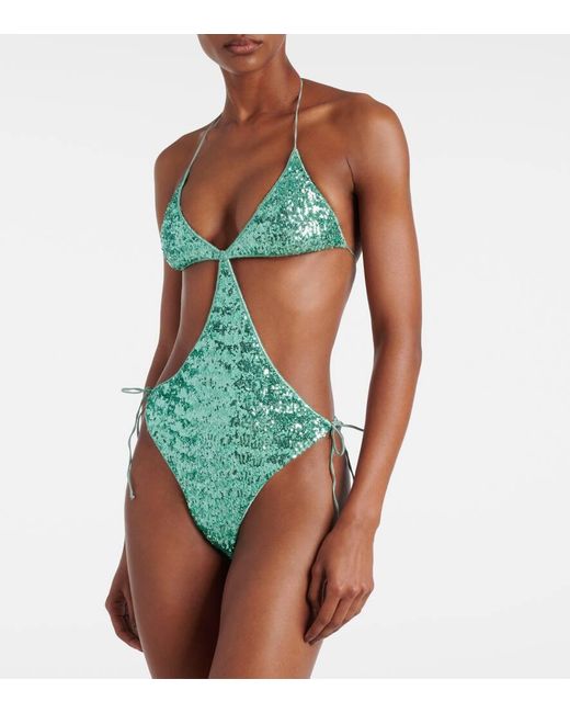 Oseree Green Pailettes Cutout Swimsuit