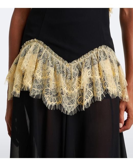 De La Vali Black Estela Lace-Trimmed Georgette Maxi Dress