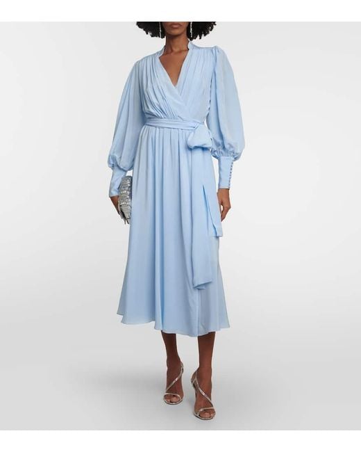 Costarellos Blue Draped Silk Midi Dress