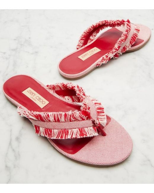Jimmy Choo Pink Bay Fringed Canvas Thong Sandals