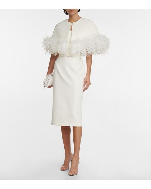 Safiyaa White Bridal Feather-trimmed Crepe Midi Dress