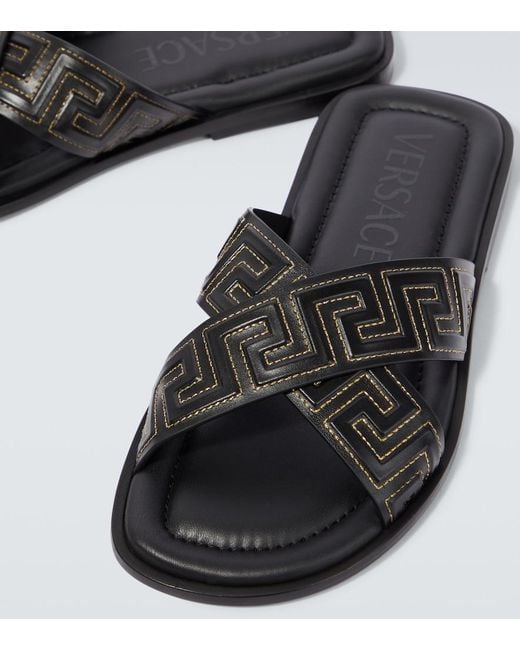 Versace Brown Greca Leather Slides for men