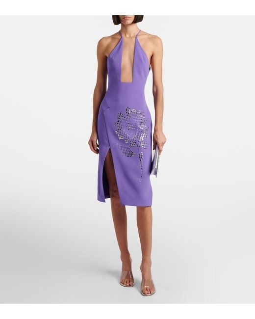 David Koma Purple Asymmetric Embellished Floral Midi Dress