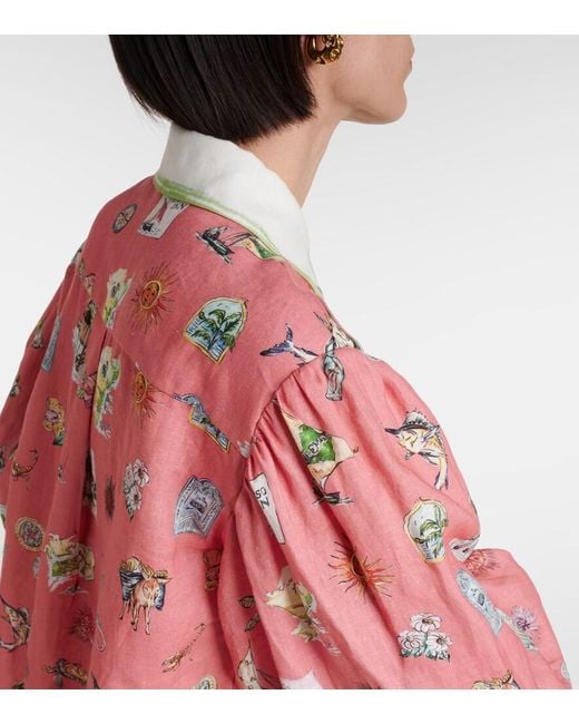 ALÉMAIS Pink Puff-Sleeve Printed Linen Shirt