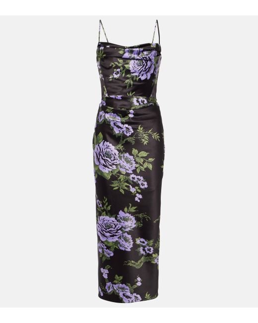Carolina Herrera Black Floral Draped Satin Midi Dress