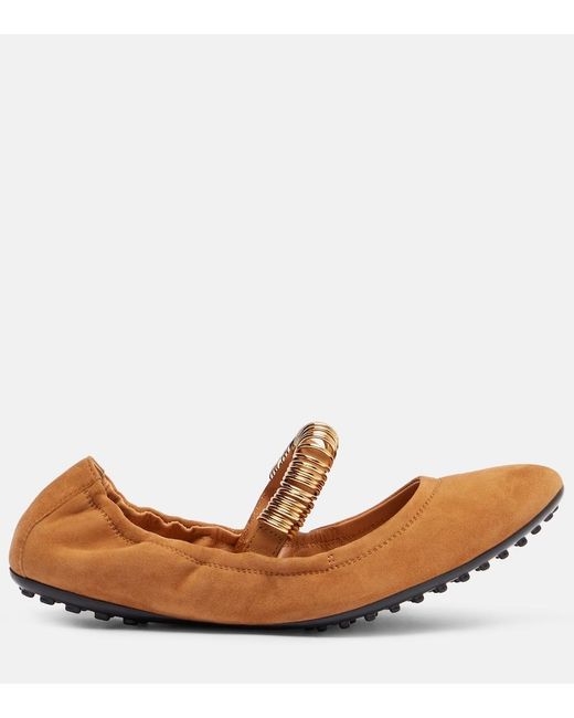 Tod's Brown Dee Embellished Suede Mary Jane Flats