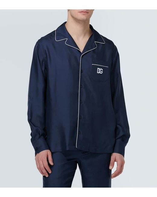 Dolce & Gabbana Seidenhemd Mit Patch Mit Dg-Logostickerei in Blue für Herren