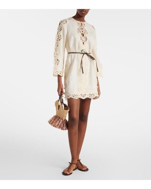 Zimmermann Natural Awaken Belted Embroidered Linen Minidress