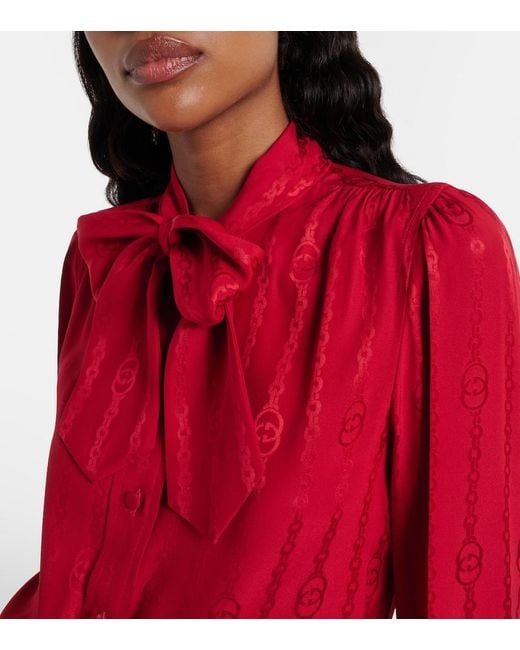 Gucci Red Interlocking G Silk Jacquard Blouse