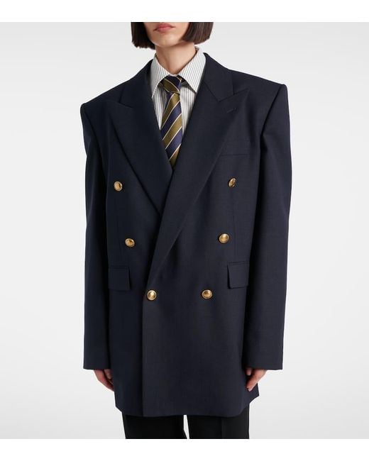 Saint Laurent Blue Double-Breasted Wool Chine Blazer
