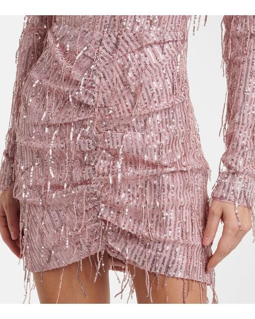 ROTATE BIRGER CHRISTENSEN Pink Fringed Ruched Lurex Cocktail Dress