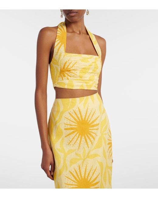 Cala De La Cruz Yellow Fuji Printed Halterneck Linen Crop Top