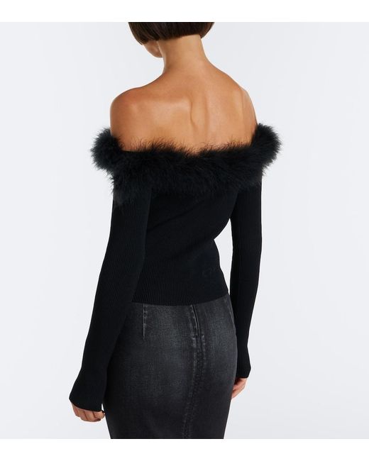 Gucci Black Feather-Trimmed Ribbed-Knit Top
