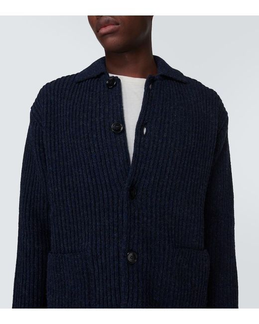AMI Blue Ribbed-knit Virgin Wool Cardigan for men