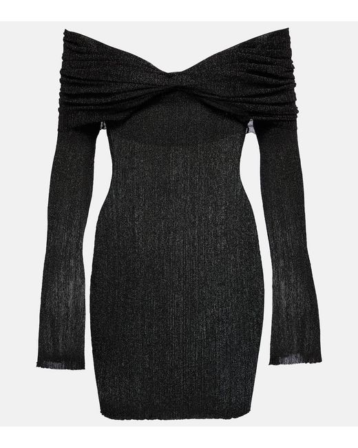 AYA MUSE Black Off-Shoulder Ribbed-Knit Lame Minidress