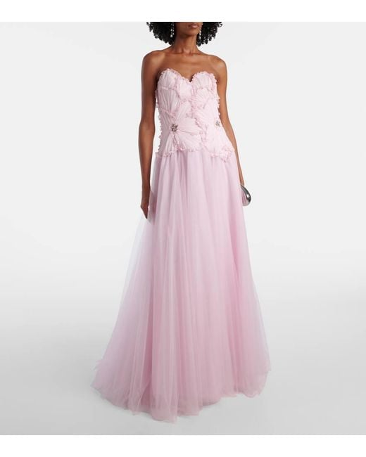 Costarellos Pink Edra Embellished Tulle Bustier Gown