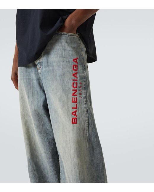 Balenciaga Blue Logo Embroidered Wide-Leg Jeans for men