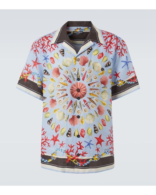 Dolce & Gabbana Bedrucktes Hemd Aus Leinen-Canvas in Blue für Herren