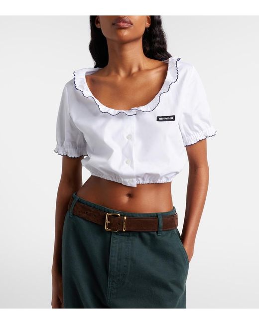 Miu Miu White Scalloped Cotton Poplin Crop Top