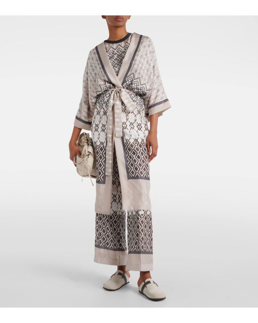 Kimono imprime en soie Brunello Cucinelli en coloris Gray