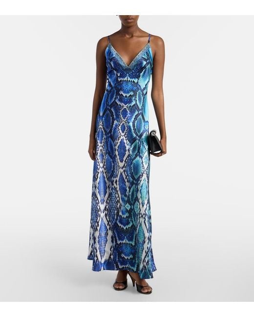 Camilla Blue Animal-Print Silk Slip Dress