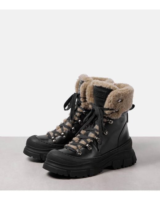 Brunello Cucinelli Black Schnuerstiefel Aus Leder Mit Shearling