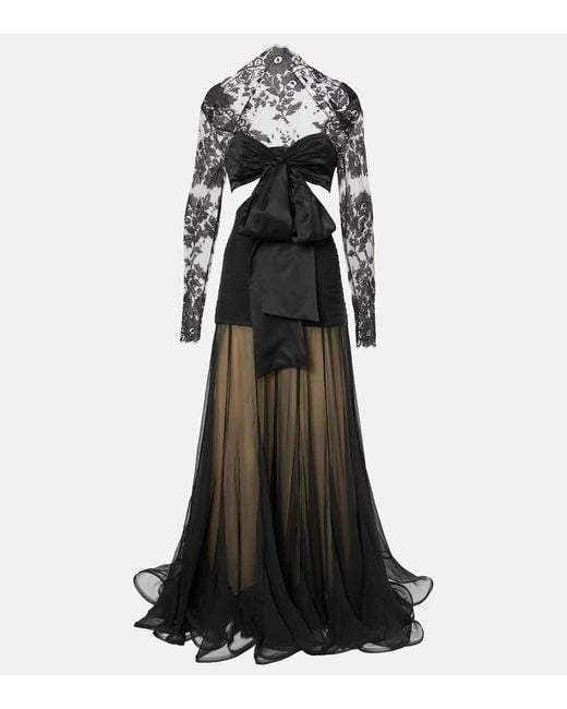 Zimmermann Black Illustration Flounce Lace-Trimmed Silk Gown